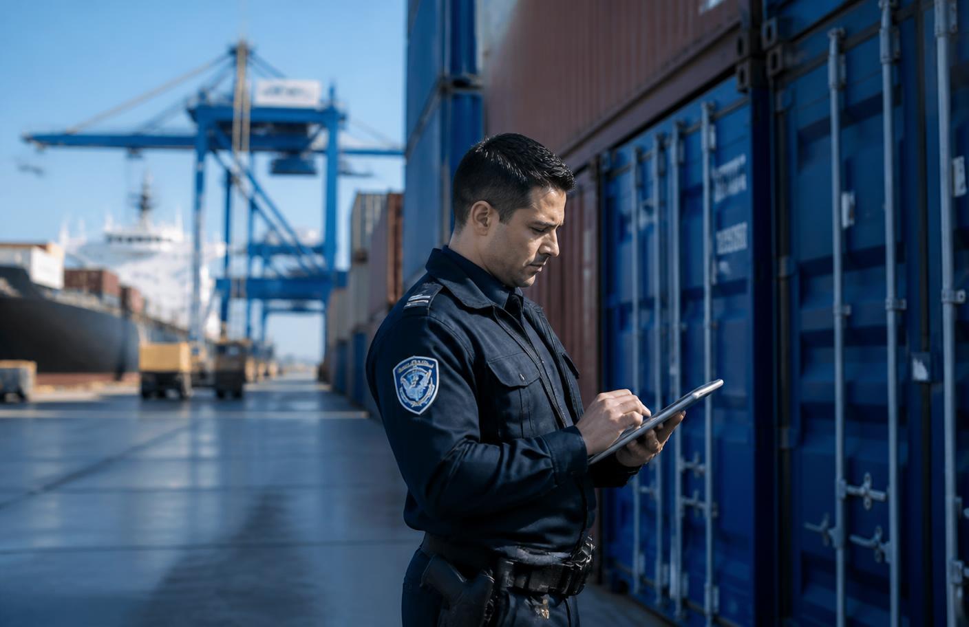 Customs specialist reviewing international shipment documents at a container terminal