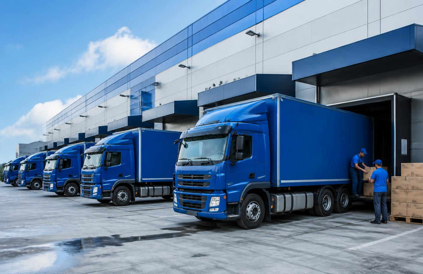 Delivery vehicles collecting consolidated cargo from a modern logistics facility