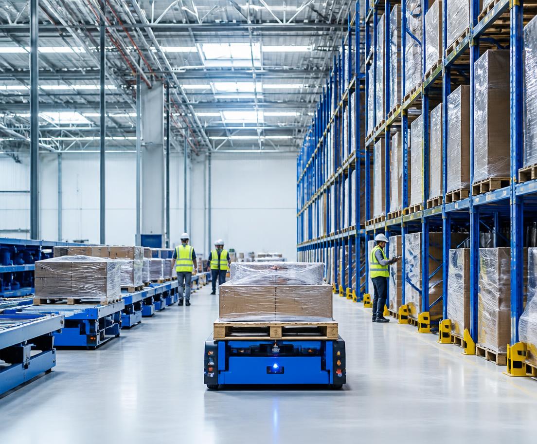 Organized logistics warehouse with pallet racking and cargo handling equipment
