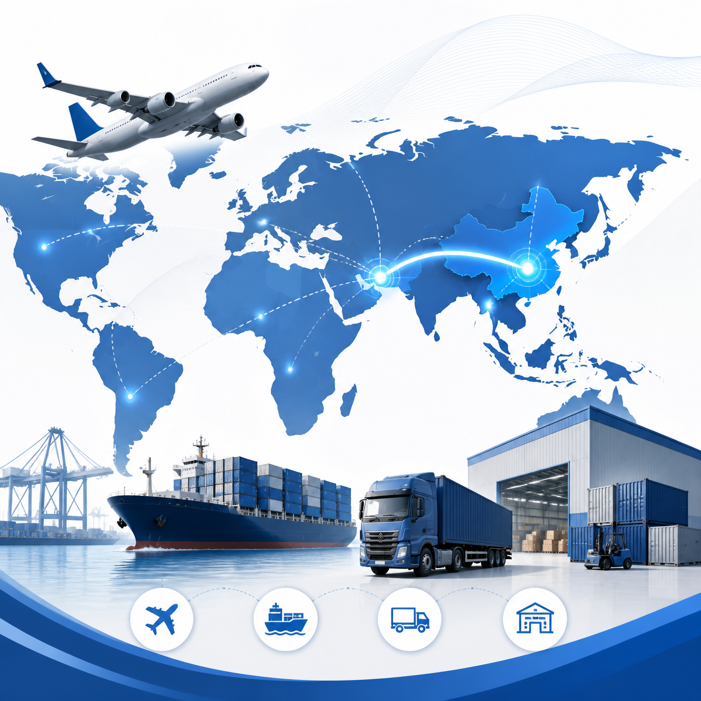 AirBridge global logistics network — air cargo, sea logistics, and road delivery connecting China to the world